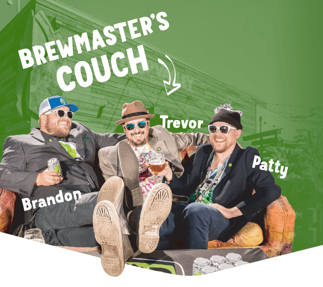 Brandon, Trevor and Patty sitting on the Brewmaster's Couch